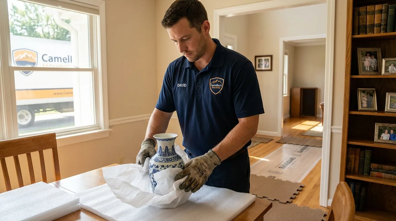 Professional crew carefully wrapping antique vase for senior downsizing move in Sloatsburg, NY